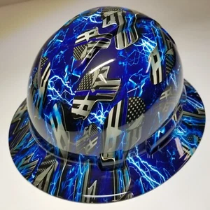 full brim hard hat custom hydro dipped IN BLUE LINE ICE SKULLS  BLUE LIGHTNING - Picture 1 of 5