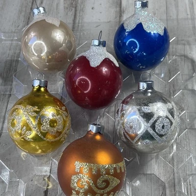6 Vintage Glass Christmas Ornaments  Various Design - Image 1 of 4