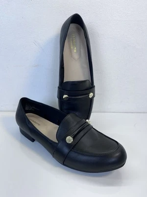 LIZ CLAIBORNE Women 7.5 M Trish Black Vegan Leather Slip-On Logo Loafers - Image 1 of 4