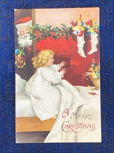 Santa Weihnachten viktorianisches Mädchen Pyjama unsigniert Clapsaddle antike IAPC Postkarte - Bild 1 von 4