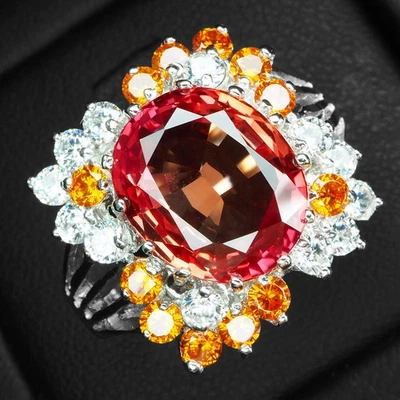 Opulentos anillos de oro blanco de plata de ley 925 de 6,90 quilates con zafiro Padparadscha rosa Foto 1 de 4