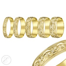 9ct Yellow Gold Ring Beaded Edge Diamond Cut Stars Medium D Shaped Wedding Band