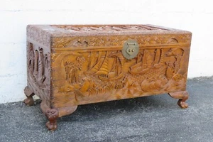 Late 19th Century Heavy Carved Asian Camphor Chest Blanket Trunk 5263 - Picture 1 of 14