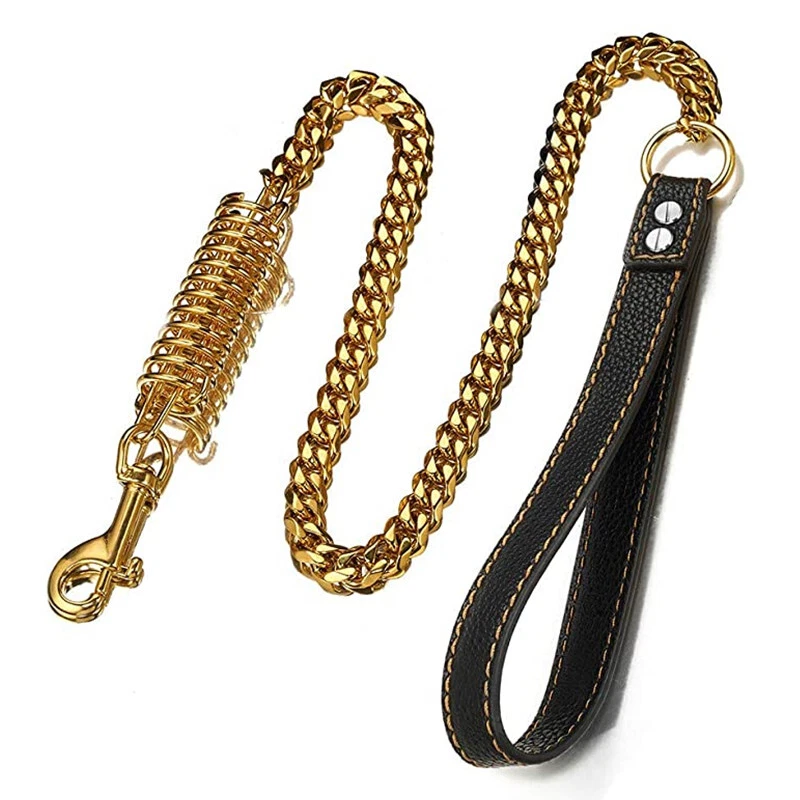 15mm Width Gold Tone Stainless Steel Cuban Link Chain Labor-saving Spring  Leash - Image 1 of 4