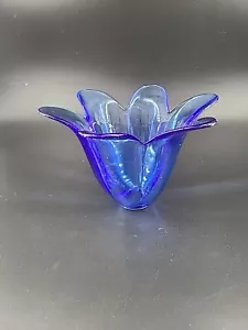 Vintage Colbalt Blue Recycled Blown Glass Tulip Petal Flower Shape Votive Vase - Picture 1 of 5