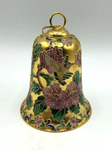 Cloisonné Bell Gold Hummingbirds, Pink Flowers Green Leaves Turquoise enamel - Picture 1 of 7