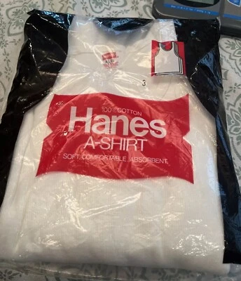 Vintage Hanes A-Shirt Big Man XL 46/48 Sealed 3 Pack 1977 White Cotton  USA - - Image 1 of 4