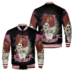 Halloween Skull Bride Don't Mind If I Do Spooky Season Baseball Jacket MH - Picture 1 of 4
