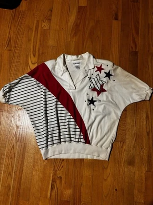 复古 Alfred Dunner 女式衬衫 M 码红色白色蓝色 80 年代肩垫 — 第 1/4 张图片