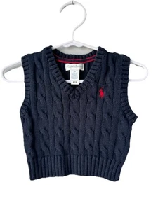 Chaleco Ralph Lauren Bebé Niño Tejido con Cable Azul Marino 3 Meses Rojo Logo de Poni Cuello en V - Imagen 1 de 2