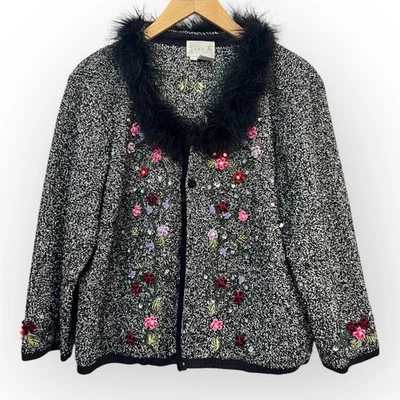 Cárdigan Suéter Vintage Just B Mujer XL Bordado Cuentas Cuello Pluma Negro Foto 1 de 4