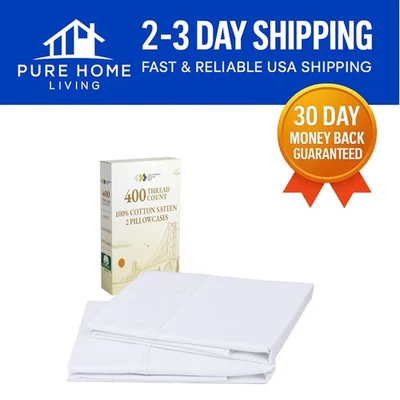 Luxury 400 Thread Count White Cotton Sateen Pillowcase Set of 2 - Queen/Standard - Image 1 of 4