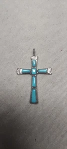 Zuni Künstler Lupe Iule Sterlingsilber Dornröschen Türkis Kreuz Anhänger - Bild 1 von 5