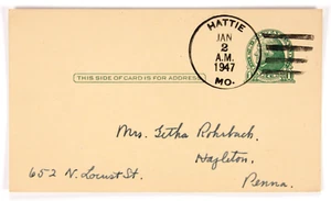 Hattie, Mo. 02.01.1947 CDS auf 1c grün GPC nach Hazleton, PA. "Happy New Year" - Bild 1 von 2