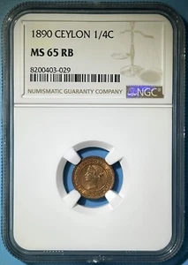 Ceylon (Sri Lanka) 1890 Copper 1/4 Cent Queen Victoria NGC MS 65 RB Km# 90 - Picture 1 of 3