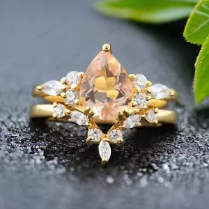 9k Solid Gold 7x5MM Pear Shape Natural Morganite Ring Set Cubic Zirconia Ring - Picture 1 of 7