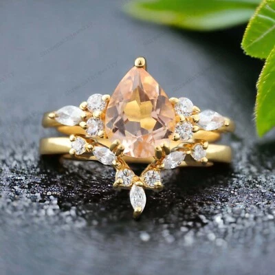9k Solid Gold 7x5MM Pear Shape Natural Morganite Ring Set Cubic Zirconia Ring - Image 1 of 4