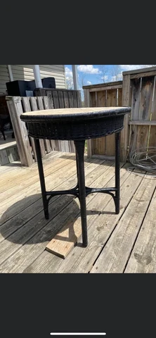 2 Antique Wicker Tables 1930's Rattan Paper Rush Wood Painted Black Cover