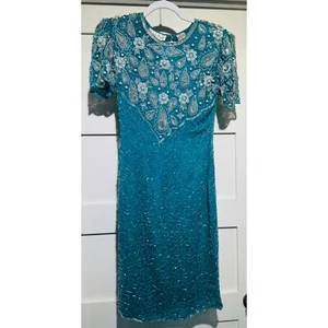 Vtg 100% Silk 1980's Blue/Green Beaded Sequin Evening Dress Size Small - Picture 1 of 9