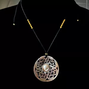 Mabe Pearl Carved Lacy Round Shape Pendant - Adjustable Necklace - Picture 1 of 4