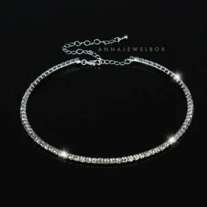 1 2 Row Silver Clear Rhinestone Diamante Crystal CZ Choker Necklace Party Gift - Picture 1 of 15