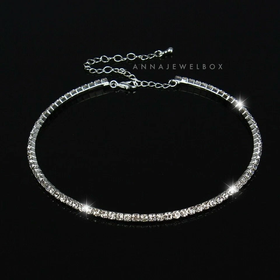 1 2 Row Silver Clear Rhinestone Diamante Crystal CZ Choker Necklace Party Gift - Image 1 of 4