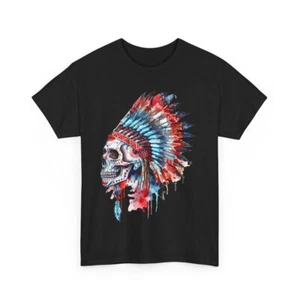 Native American Skull Indian Headdress Costume Jewelry Unisex T-Shirt - Picture 1 of 17