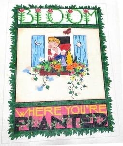 Mary Engelbreit Needlepoint Hand Painted Canvas "BLOOM WHERE YOUR PLANTED" - Picture 1 of 2