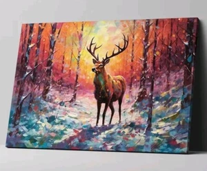Christmas Winter Reindeer Snow Forest Deer Stag Living Room Canvas Wall Art - Picture 1 of 8