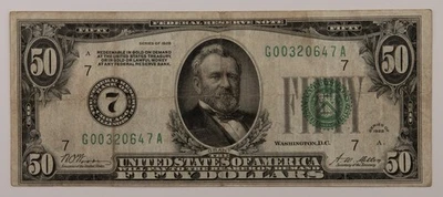 1928 $50 Dollar Federal Reserve Note Chicago FR#2100G GA Block Gold Redeem. 254b - Image 1 of 3