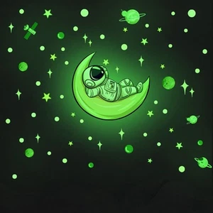 Luminous Astronaut on the Moon Planet Stars Outer Space Wall Stickers Green - Picture 1 of 6