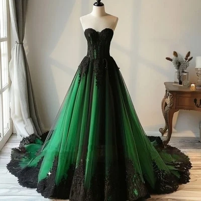 Gothic Wedding Dress Lace Applique Strapless Sleeveless ALine Lace-Up Bride Gown - Image 1 of 4