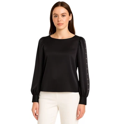 Gap X-Small Black Blouse Semi Sheer Long Double Slit Sleeves with Gold Nailheads - Image 1 of 4