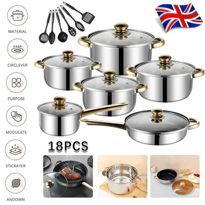 18Pcs Stainless Steel Cookware Set Casserole Stockpot Pot Hob With Glass Lids - Picture 1 of 13