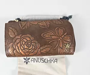 Anuschka Hand Painted Tooled Leather Eyeglass Case Rose Bronze Floral Butterfly - Picture 1 of 3
