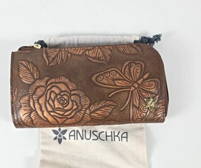 Anuschka Hand Painted Tooled Leather Eyeglass Case Rose Bronze Floral Butterfly - Image 1 of 3