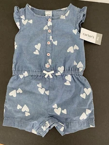 Carter's Baby Girls Size 9M Blue with Hearts Shorts Romper Short Sleeve Sunsuit - Picture 1 of 7
