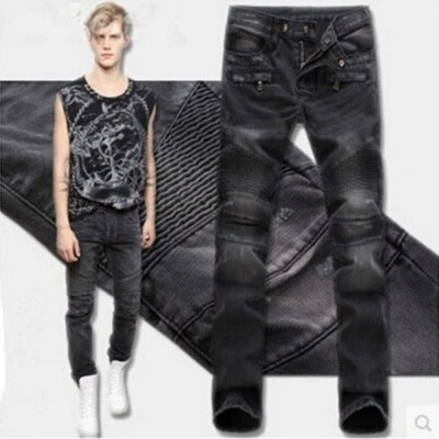 Men New France Style Distressed Moto Pants Biker Skinny Ripped Slim Fit Jeans - Image 1 of 4