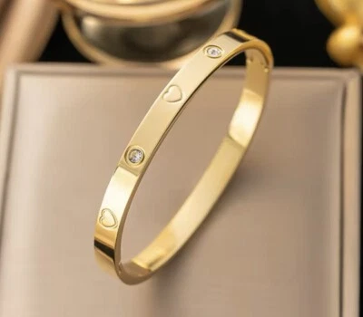 LOVE ELEGANTER EDELSTAHL ARMREIF GELBGOLD ZIRKONIA HERZCHEN HIGHEND DIAMANT - Bild 1 von 2