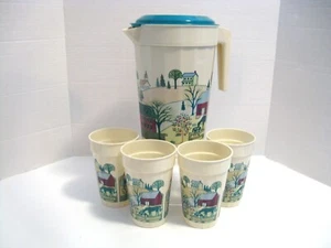 Vintage PackerWare Country  5 Pc Set 2-Qt Pitcher + 4 Matching Cups - Picture 1 of 7