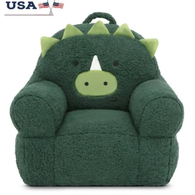 Acogedor sillón de espuma de felpa de dinosaurio verde de lectura y relajación para niños pequeños Foto 1 de 4