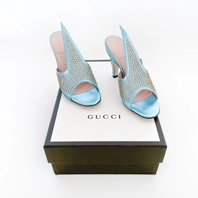 Gucci Fedra Crystal Embellished Mules EU 37 US 7 Metallic Blue High Heel Sandals - Image 1 of 4