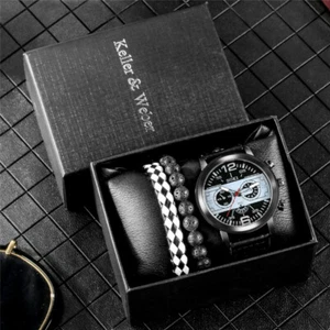 Lujoso reloj pulsera analógico de cuarzo con correa de cuero para hombre brazalete pulsera regalo a los amantes - Imagen 1 de 13