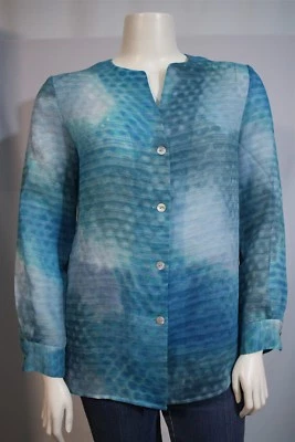 Blusa Kasper Misses 12 azul transparente listra aquática LS botão frontal camadas - Imagem 1 de 4