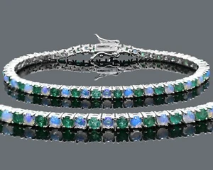 Natural Zambian Emerald & Opal Gemstone 925 Sterling Silver Tennis Bracelet - Picture 1 of 8