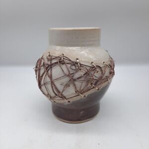 Southwestern style studio art pottery fractured and knitted vase in three parts
