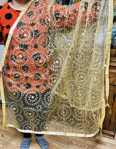 NET NAZNEEN BORDADO dorado Dupatta bufanda envolvente estola chal chunri hijab borla - Imagen 1 de 9