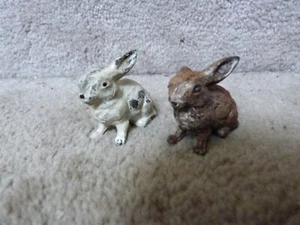 2 Heyde Bunny Rabbits Painted Cast Lead Toy Pre War Germany Brown White 1 1/2" - Picture 1 of 5