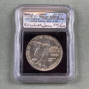 1983 D S$1 OLY Olympic Silver Dollar ICG MS69 Elizabeth Jones Signed EJ 225/250 - Picture 1 of 2