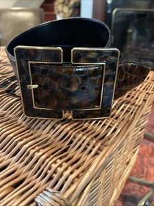 etcetera L Leather Wide Animal Print Gold Tone Buckle Statement Belt - Picture 1 of 15